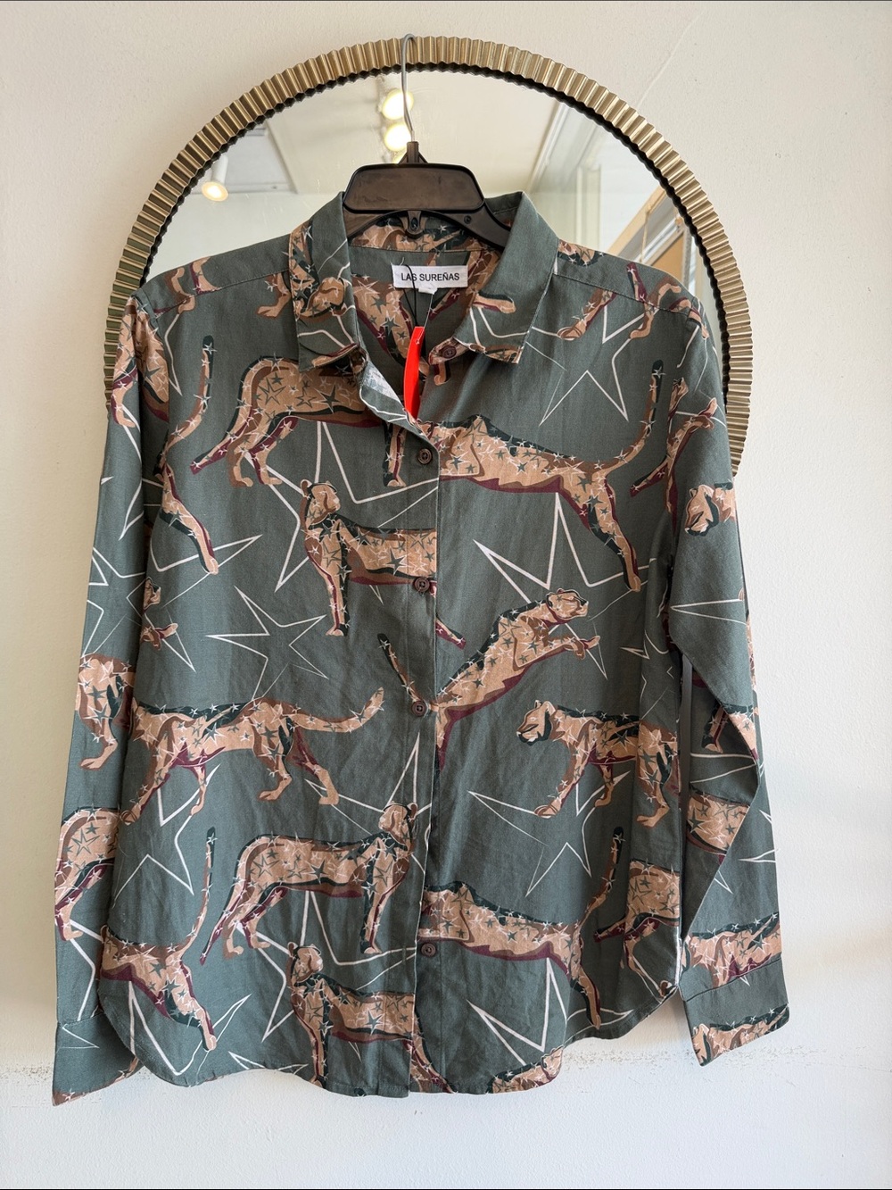 La Sureñas Olive Green Dog-Print Button-Down Shirt for Women